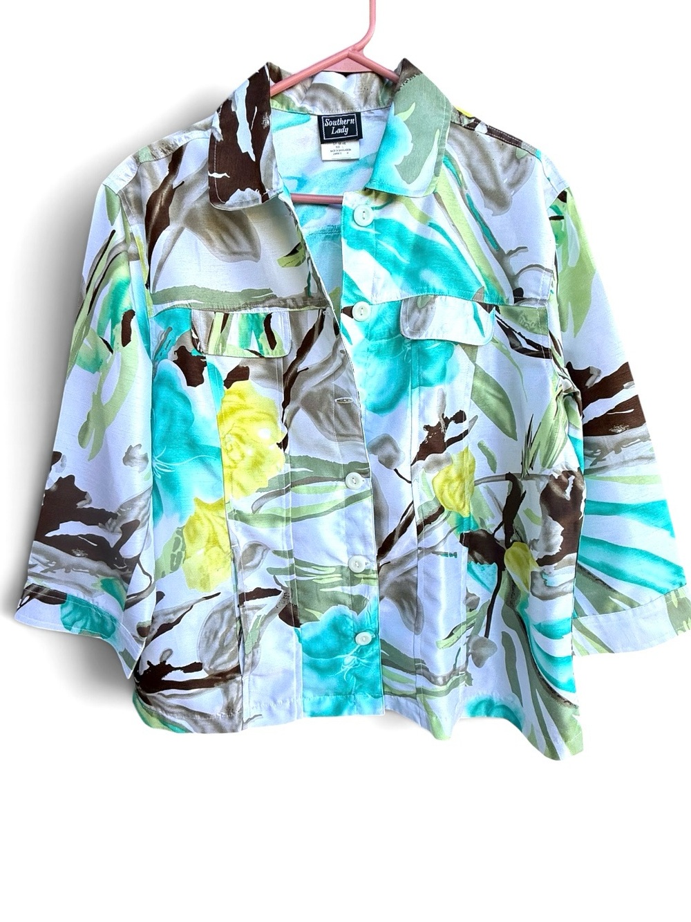 Southern Lady Abstract Floral Button Front Shirt Jacket Multicolor Women's Large